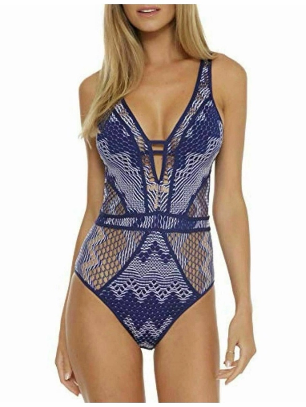 BECCA by Rebecca Virtue Color Play Crochet Plunge One-Piece swimsuit S